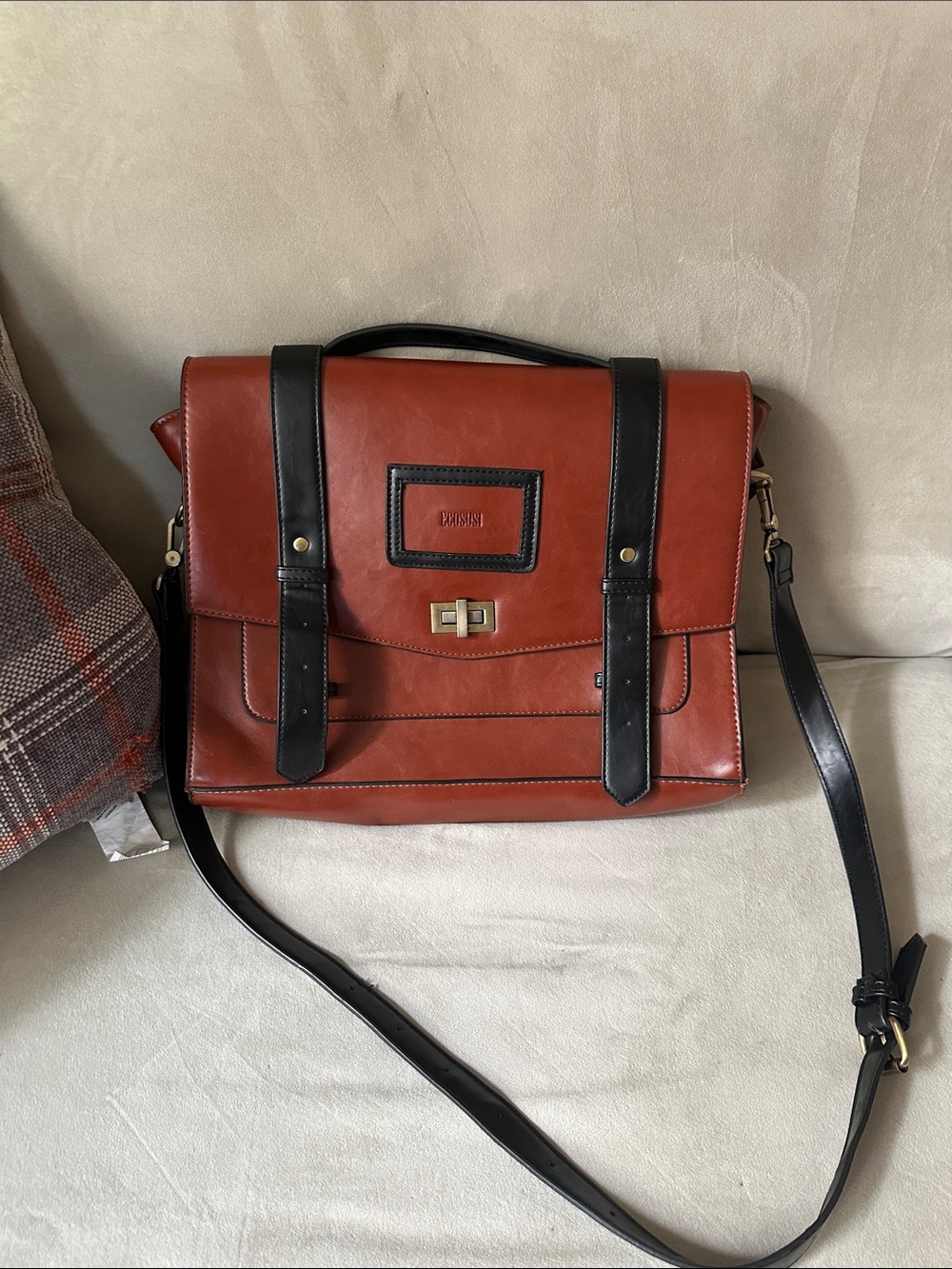 Classic Ecosusi Vegan Leather Briefcase Satchel - Brown with Black Trim